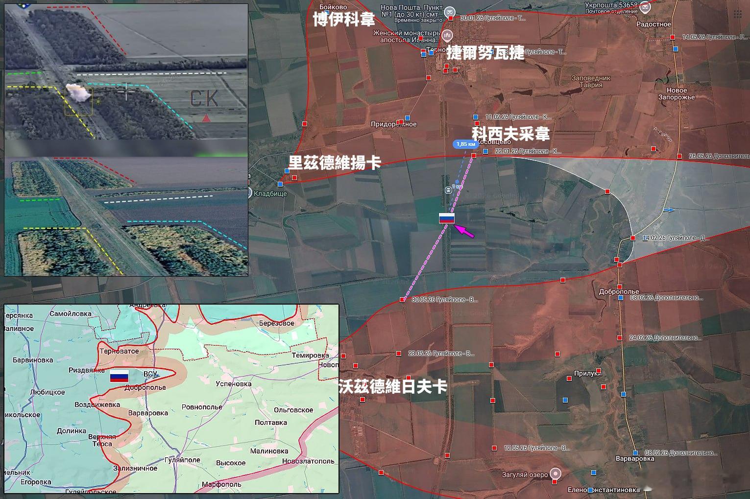 胡里艾伯勒以西地區的陣地戰。透過烏方發布俄軍前線陣地遭到烏克蘭軍隊炮火攻擊的視頻