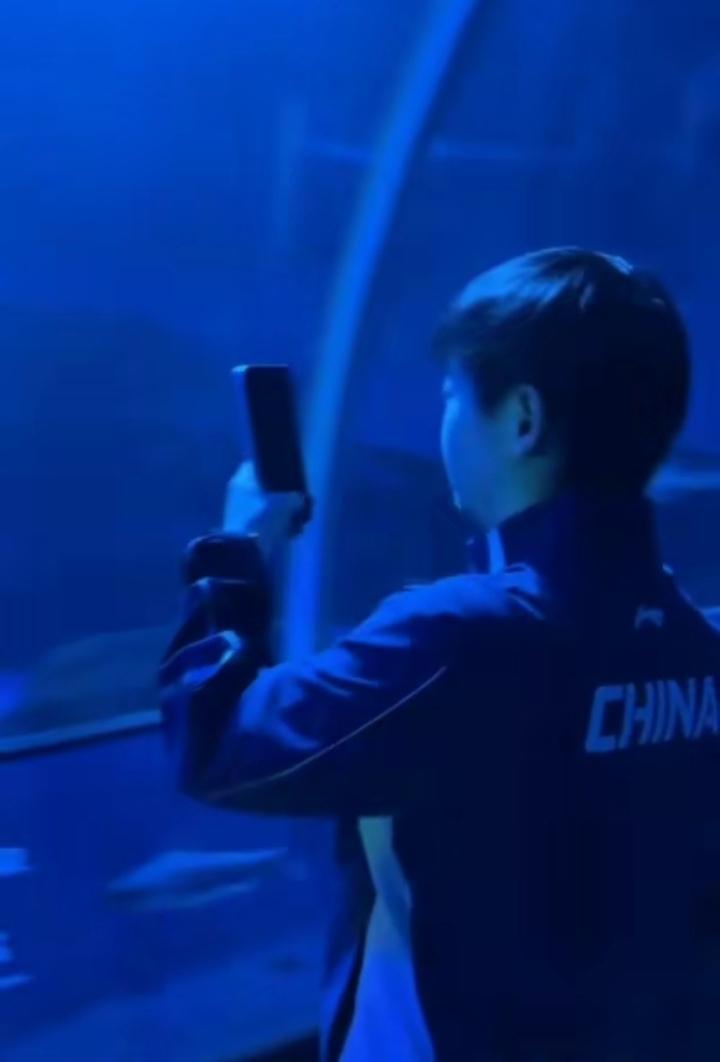 新加坡大满贯宣传照拍摄花絮，孙颖莎和王楚钦在海洋馆看鲨鱼的画面，简直太甜了。
 