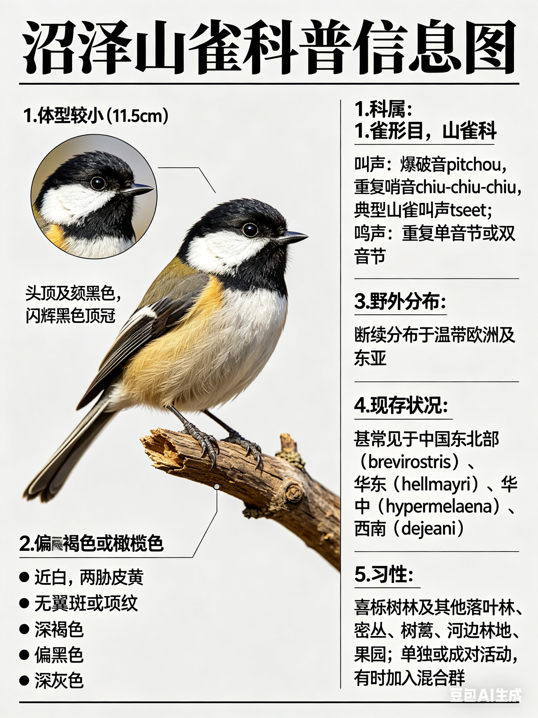 鸟类朋友图鉴 沼泽山雀·科属：雀形目，山雀科。·外形特征：体型较小（11.5cm