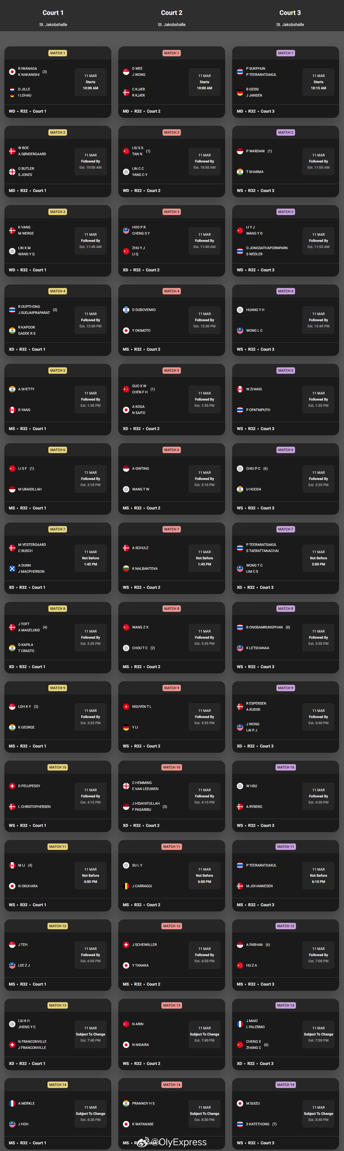 【瑞士羽毛球赛11日赛程对阵】2026年瑞士羽毛球公开赛羽联超级赛 3月11日巴