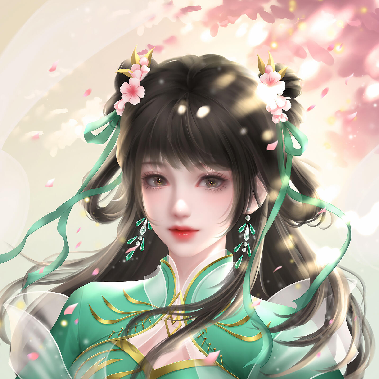 同光同尘同碧瑶诛仙女主碧瑶 云鬓双簪粉桃香，青绸飘带逐风扬。翠衫金线凝春色，眉眼