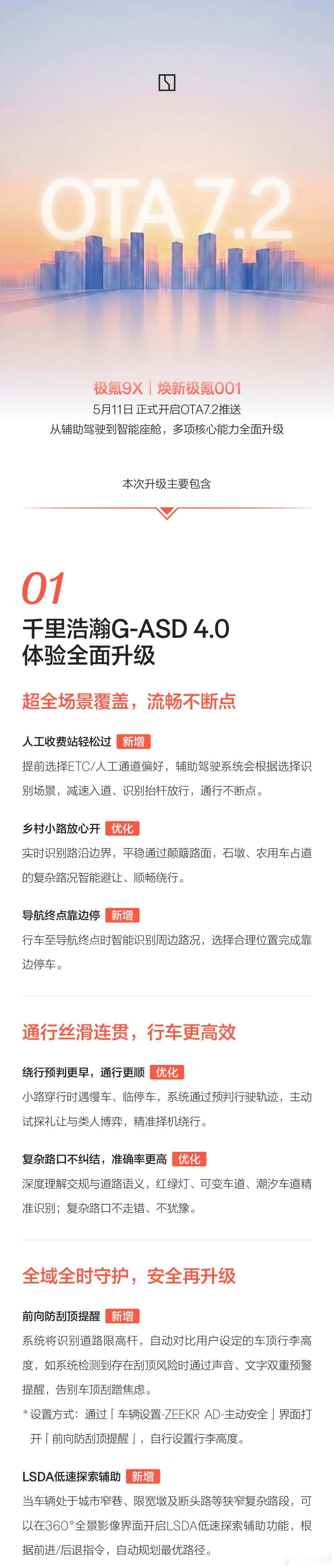极氪9X&焕新极氪001 进行了7.2版本的OTA推送主要针对千里浩瀚G-ASD