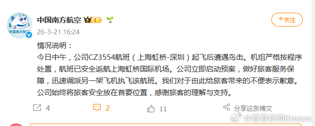 【#南航通报航班起飞后遭鸟击#】#南航上海飞深圳航班起飞后遭鸟击#3月21日，发