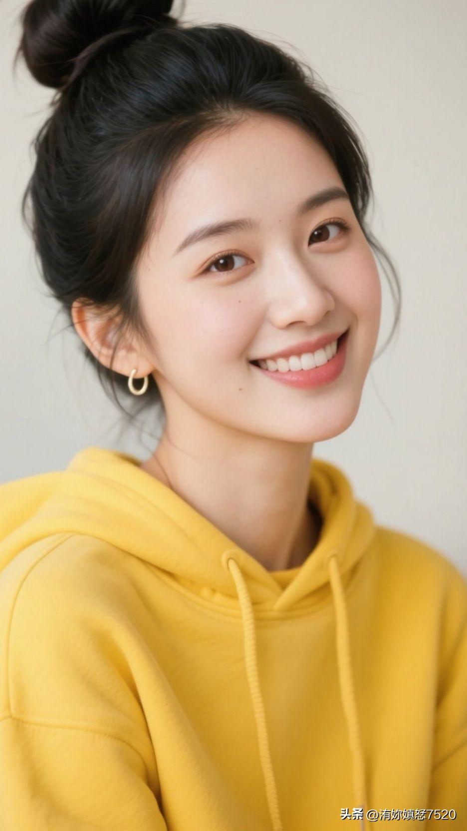 🌼 明黄卫衣盛着晴日的光，丸子头把鲜活的风系成结，笑意漫开时，整个空间都浸着治