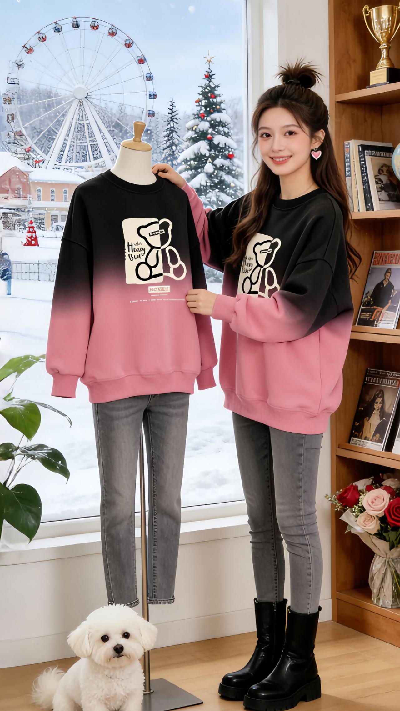 谁冬天能拒绝这么懂氛围感的穿搭啊！Danny穿的黑粉渐变小熊卫衣也太戳心巴了💘