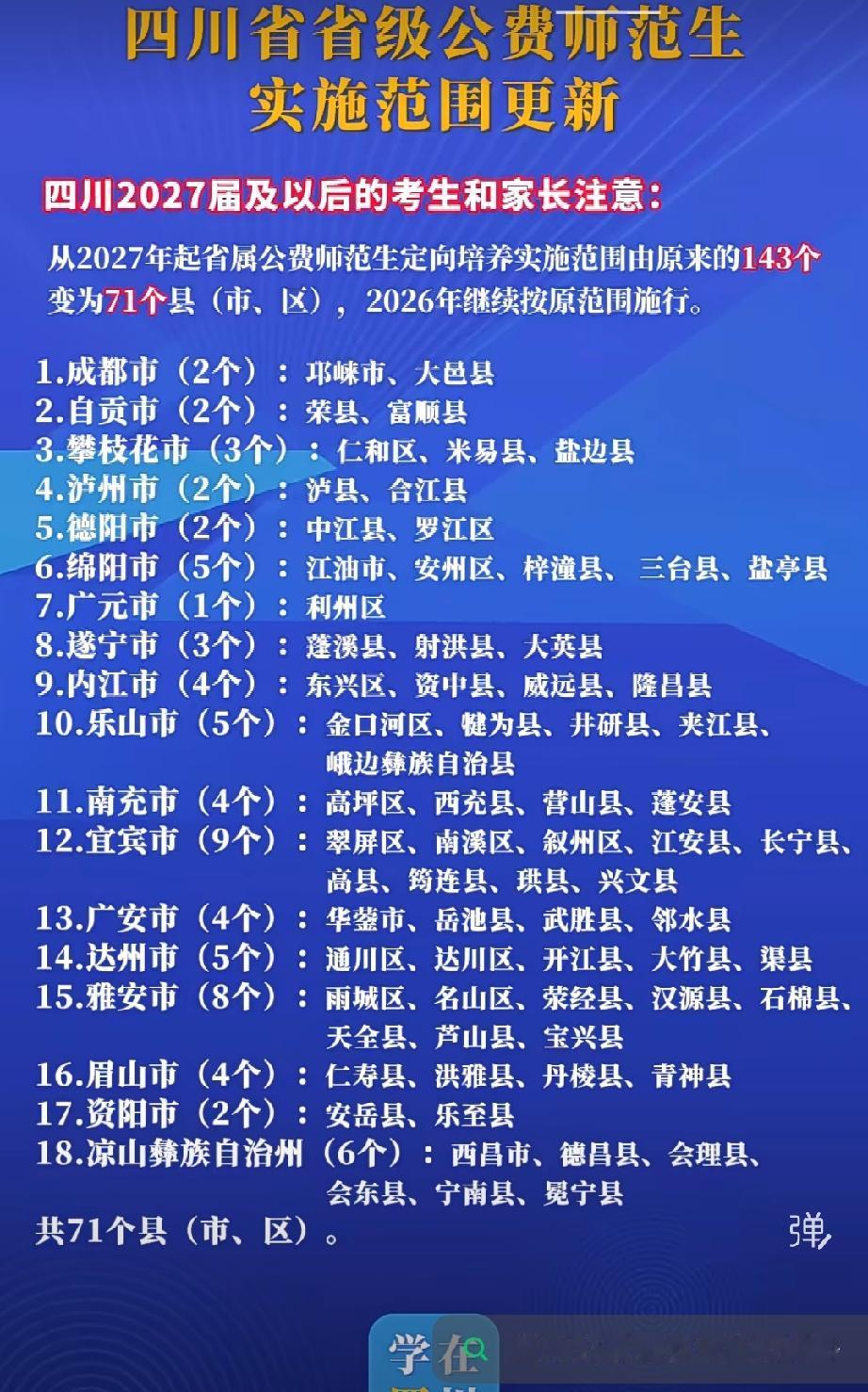 四川省级公费师范生27届开始从143个区域缩减为71个，是不是意味着只能这71个