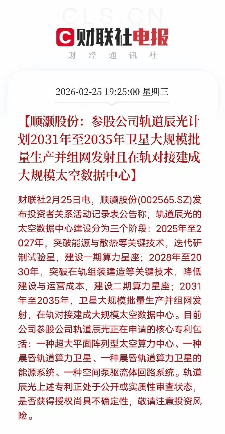 顺灏股份官宣太空数据中心规划，商业航天再添重磅玩家顺灏股份晚间公告，参股公司轨道