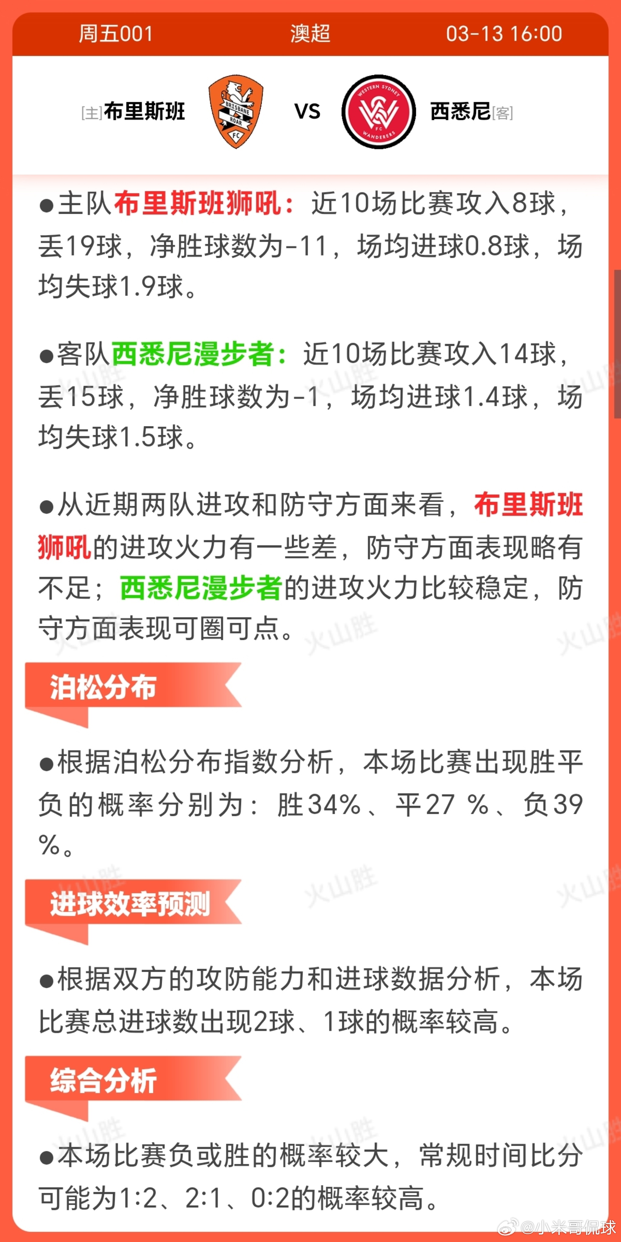 布里斯班VS西悉尼流浪者布里斯班狮吼近期状态低迷，近10场仅一场胜利，走势明显下