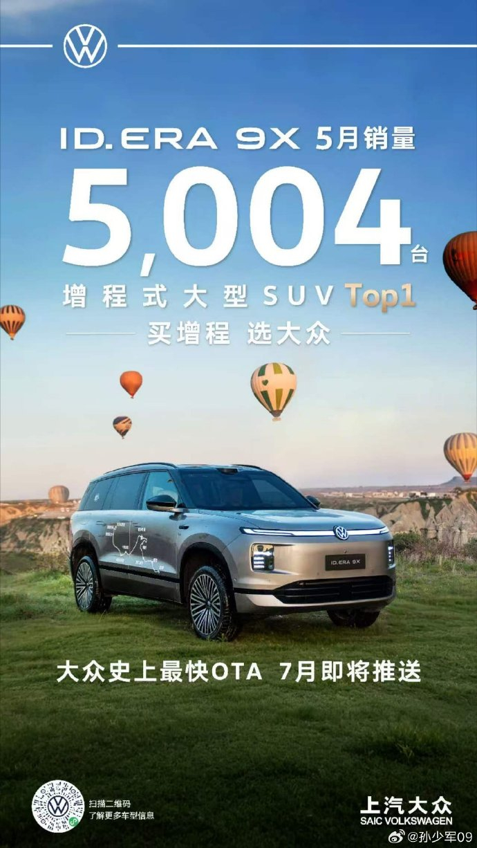 大众9X5月销量5004台 6月9日，官方宣布，旗下首款增程SUV产品ID.ER
