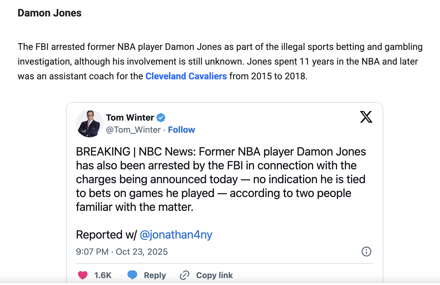 前NBA球员达蒙-琼斯也因为涉嫌非法赌博被FBI逮捕。他的具体情况尚未被披露。如