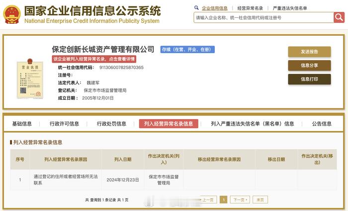 魏建军名下公司被列入经营异常名录  国家企业信用信息公示系统网站显示，保定创新长