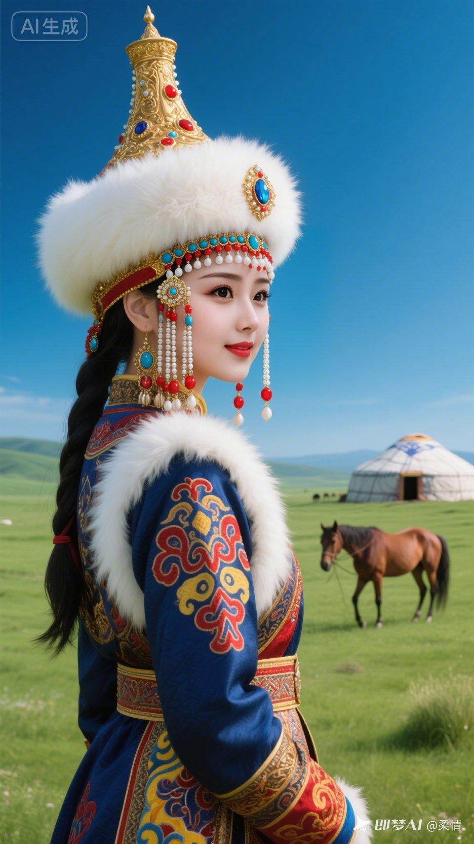 草原上的美丽少女，身着传统服饰，背景是广阔的草原和蒙古包。