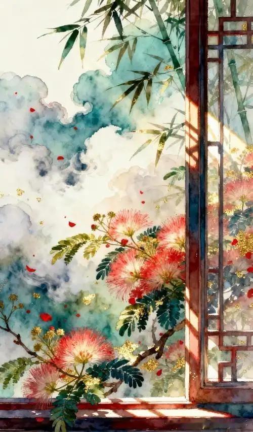 《中书东厅夜合》
——宋・韩琦
合昏枝老拂檐牙，
红白开成蘸晕花。
最是清香合蠲