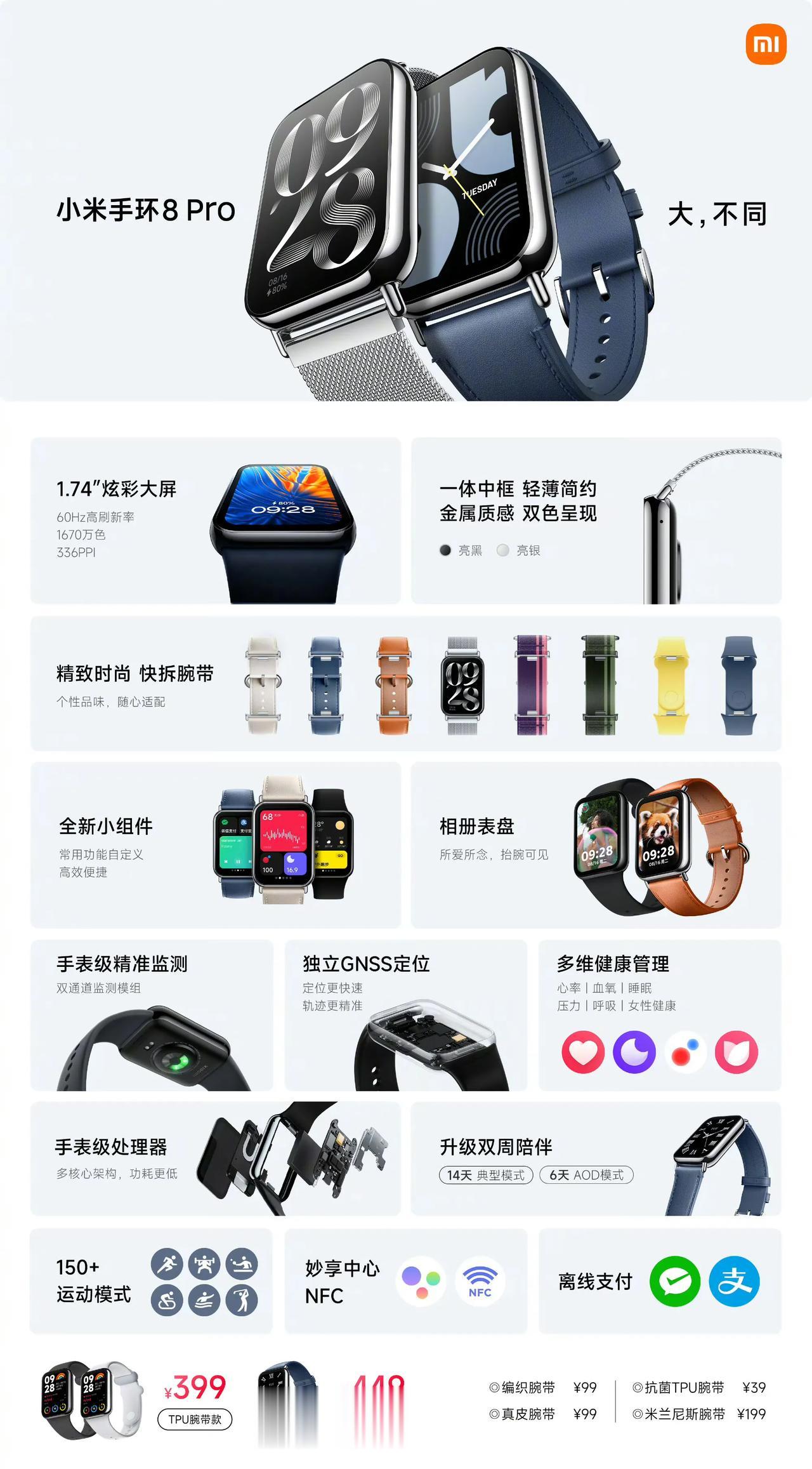 别忘了小米还有款手环，小米手环8 Pro发布，399元起。

TPU腕带款：39