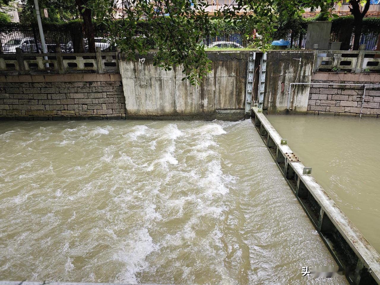 福州遇上雨天，内河开启排涝放水。河水奔涌流淌，这是城市防汛调度，守护榕城，避免城