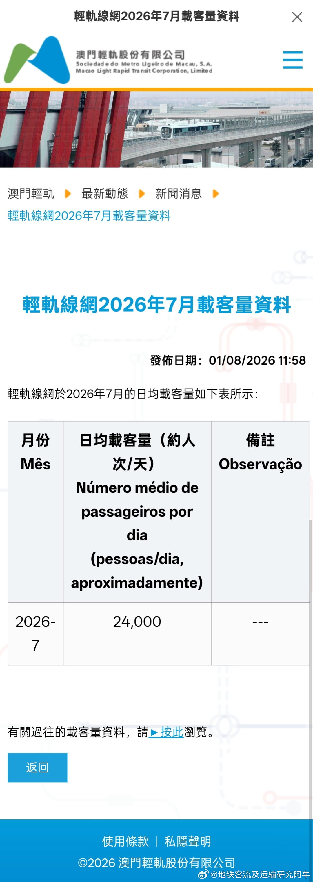 【澳门轻轨 全线网2026年7月份日均客流公布，与上月相比有所上升】      