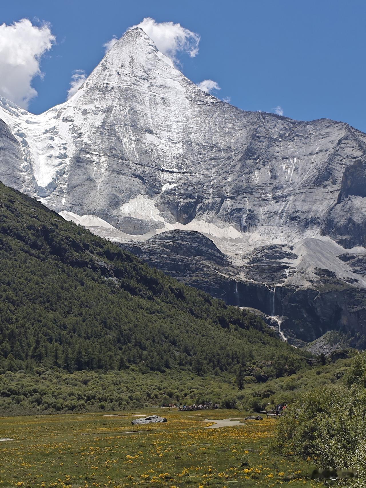 临江仙4·稻城亚丁雪峰
玉柱孤擎青昊上，冰棱直倚云天。
飞泉垂落碧峰前。
野花铺