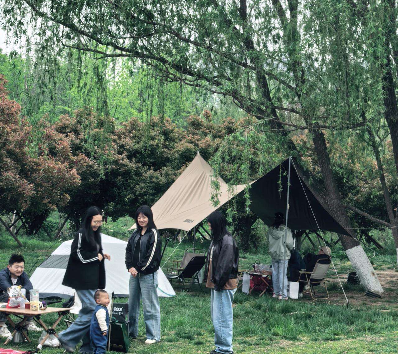 在柳树露营，风都充满了欢快温柔的味道，瞧！连小奶娃都笑的合不拢嘴。