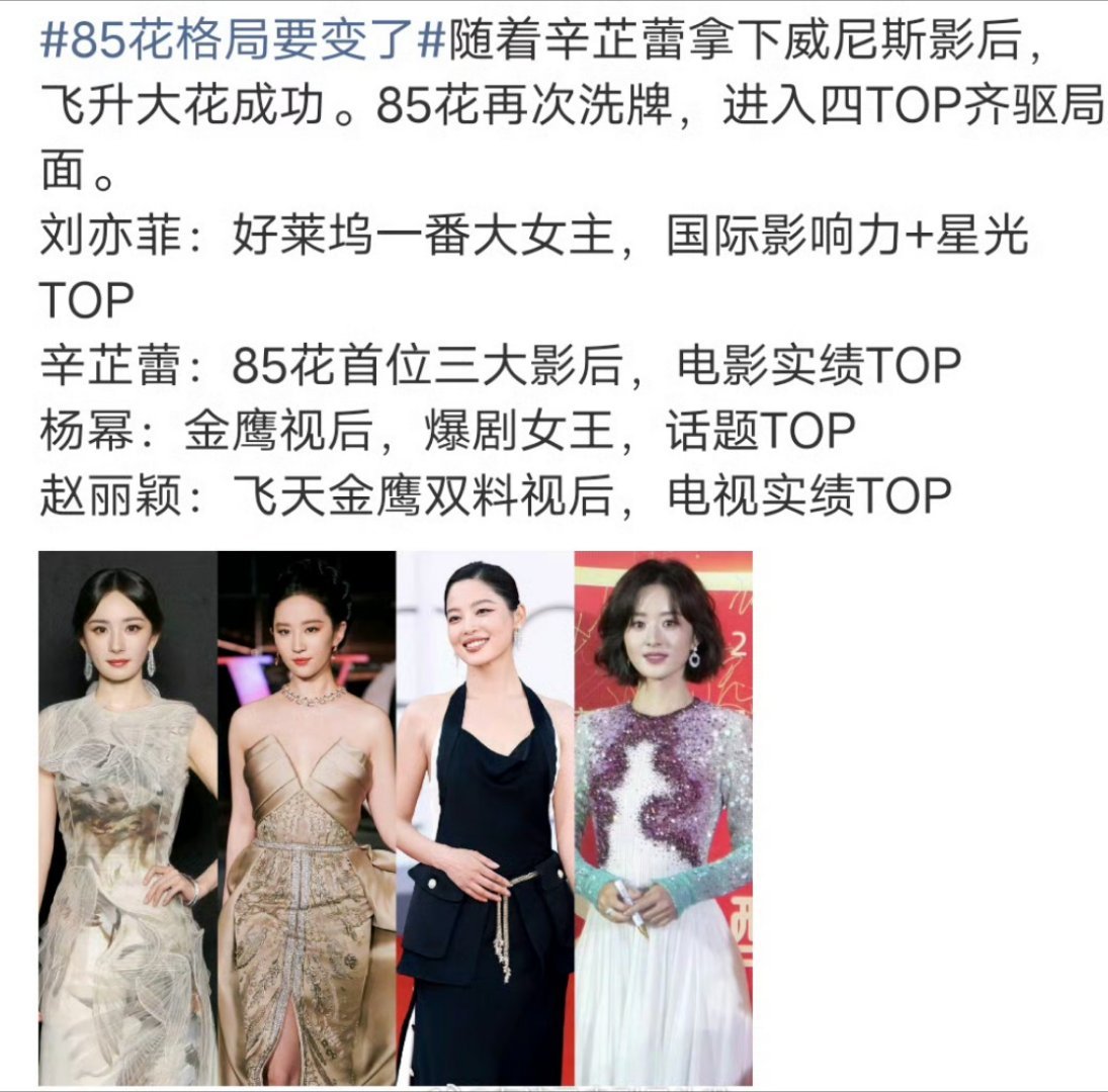 辛芷蕾《日掛中天》拿下威尼斯影后，有网友评了新版本的85四大top🌸：刘亦菲、