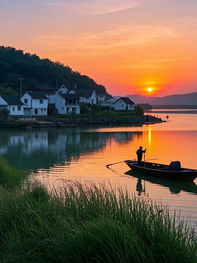太湖逢夕落，霞色映波酥。渔舟唱晚归何处，岸舍炊香入画图。此景堪称尘世珠。秋色连波