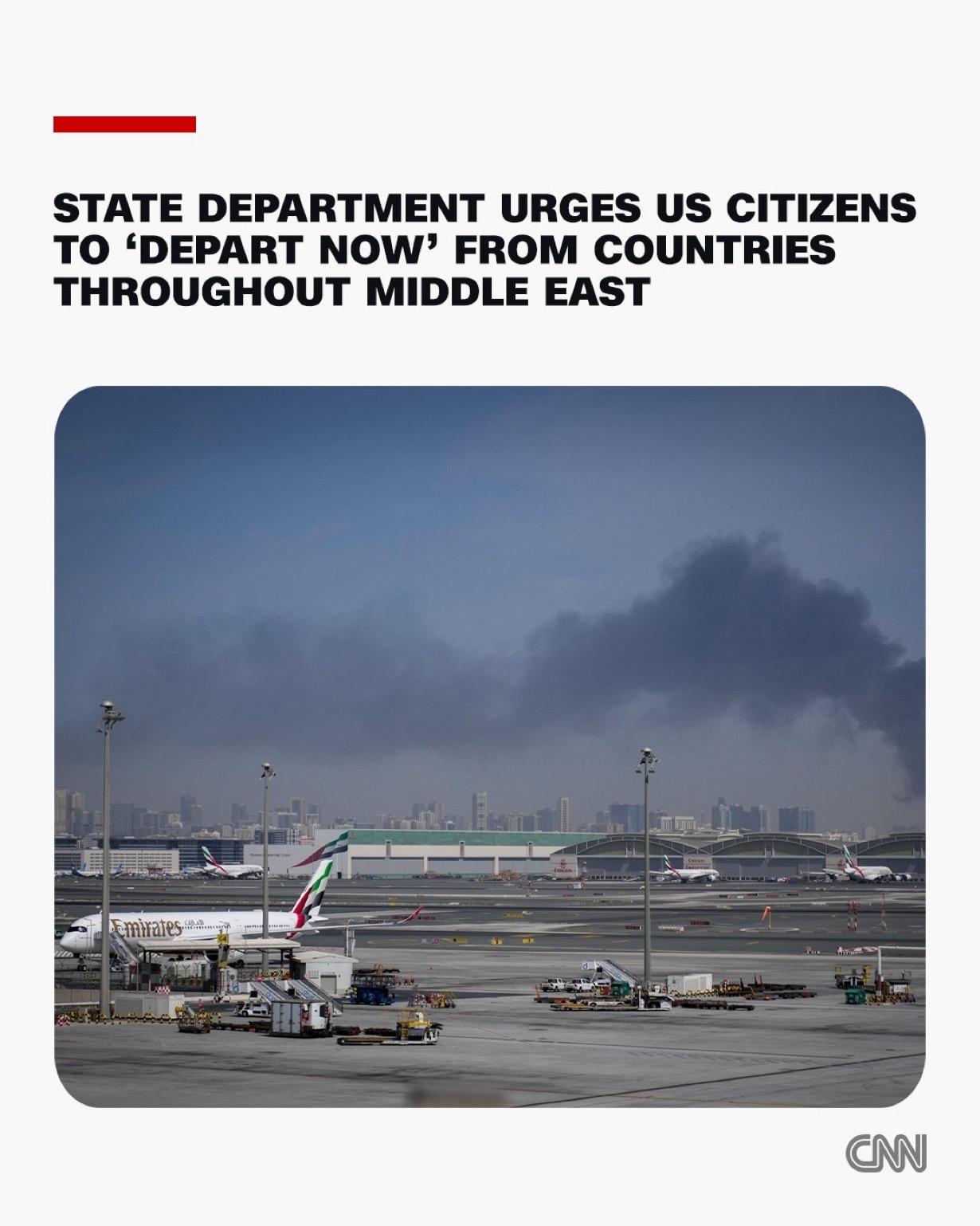 美国国务院周一敦促美国公民“立即离开”中东各国，“因为存在严重的安全风险”。 