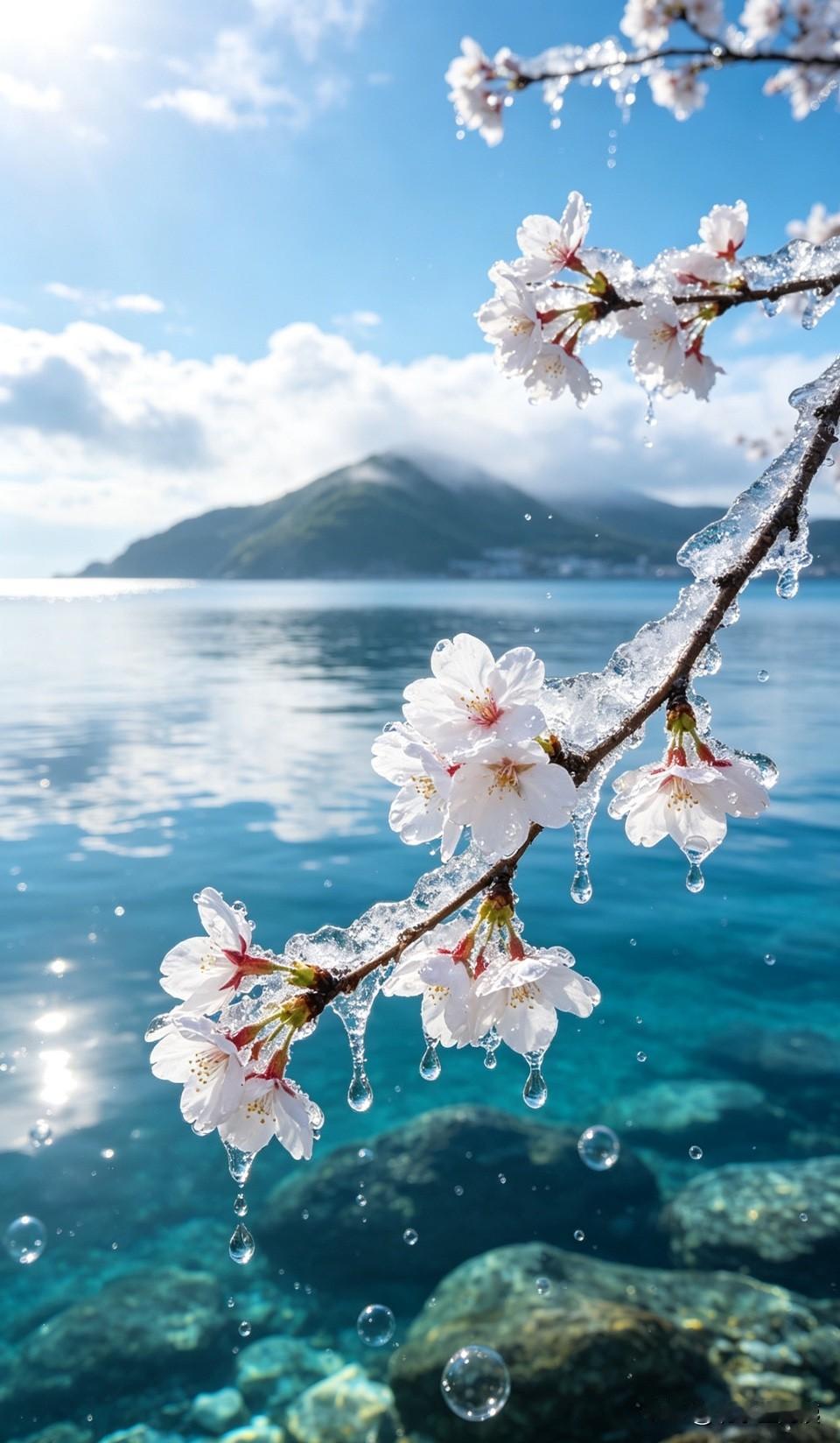 分享你的手机壁纸湛蓝的天空，背景是一座山，被云雾环绕，清澈平静的湖水，水下一块块