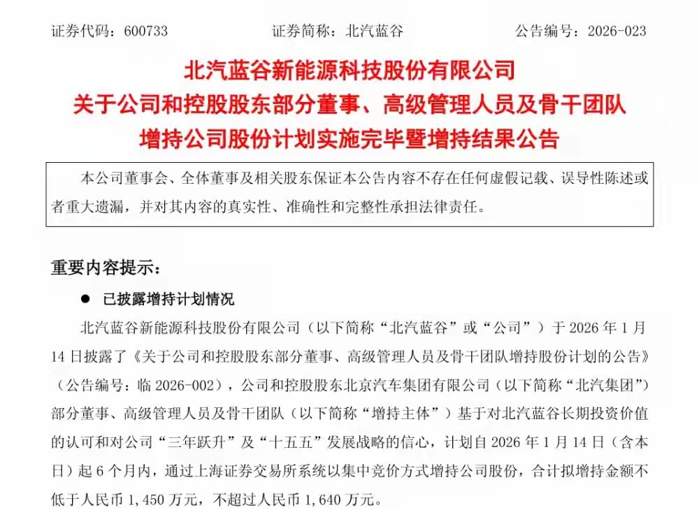 北汽蓝谷高管增持这动作太快了，北汽蓝谷核心团队增持计划实施完毕 累计增持1532
