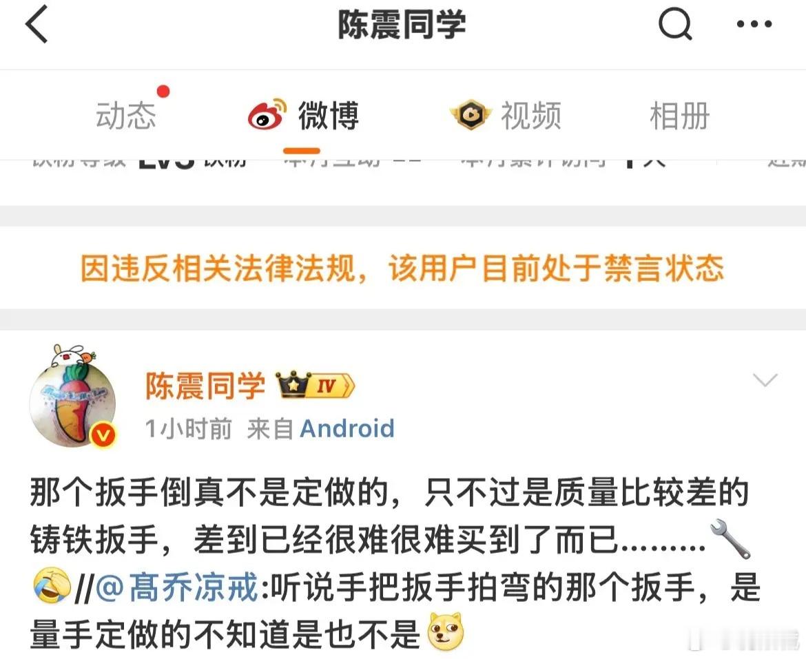 陈震被禁言，还是挺严重的一件事，被封说的是违反纪律法规，所以相对比较严重，也说明