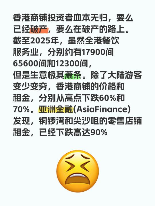 香港商铺投资者血本无归，要么已经破产，要么在破产的路上。截至2025年...
