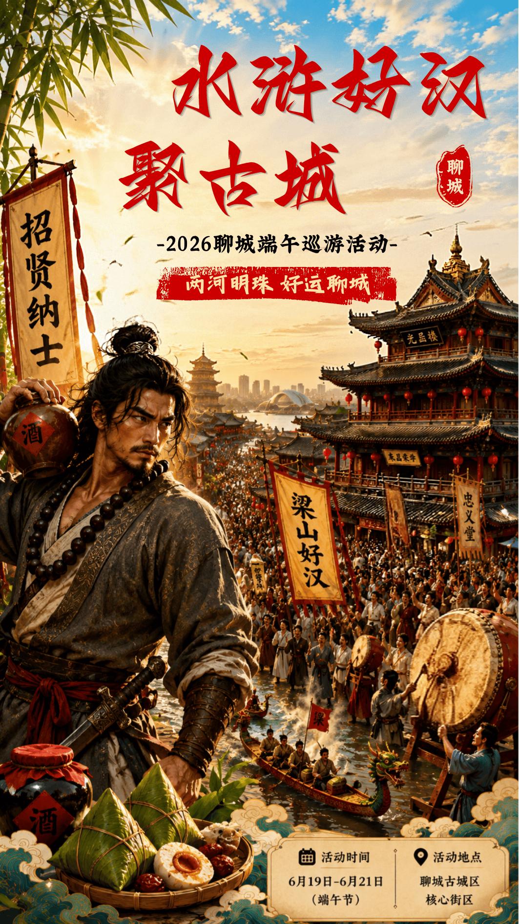 聊城的朋友们，今年端午别再宅家啦！咱们古城搞了个大动作——“水浒好汉聚古城”巡游