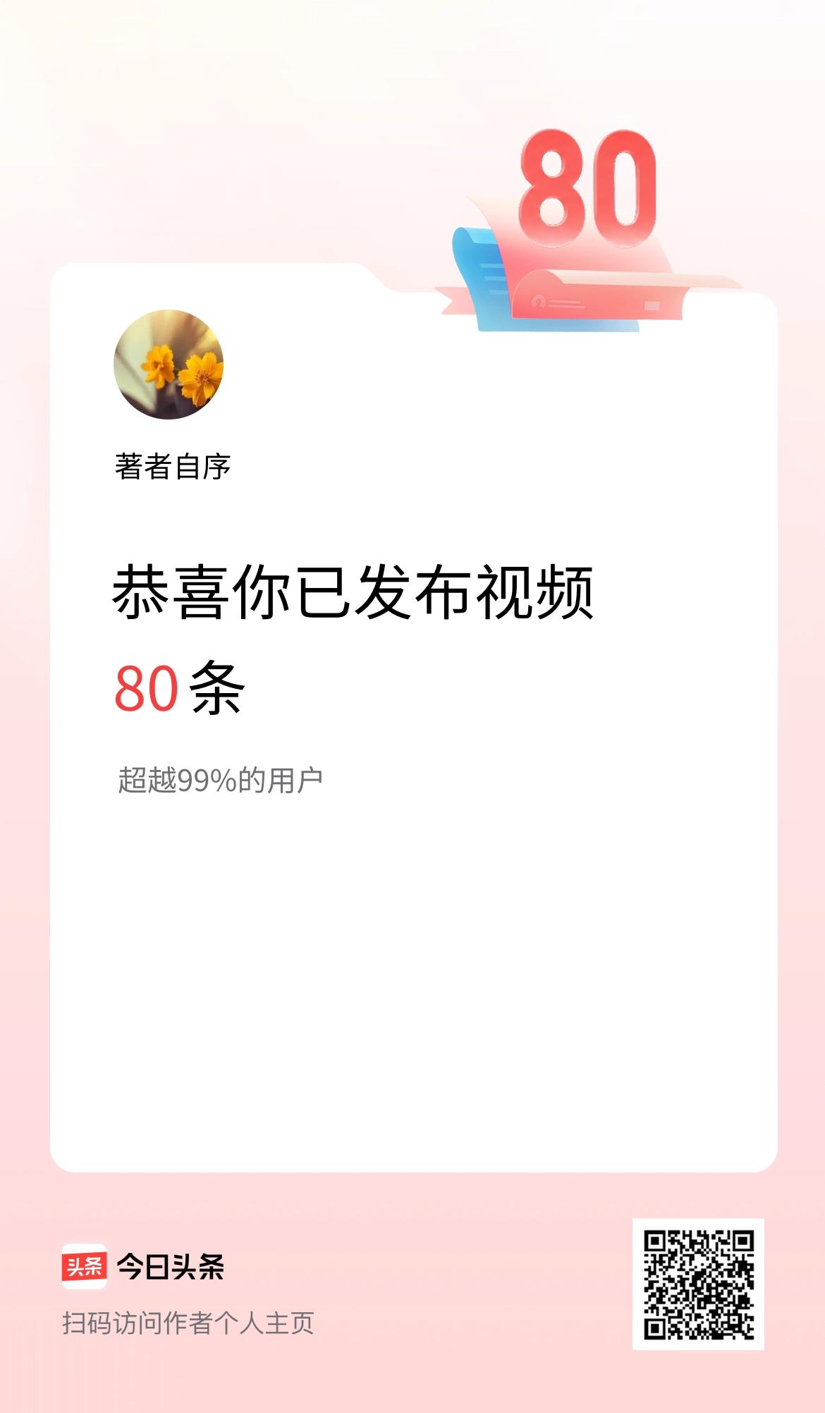 我在头条累计视频投稿80个。恭喜自己吧，不管怎么样，还需努力。同时，感谢每一个人