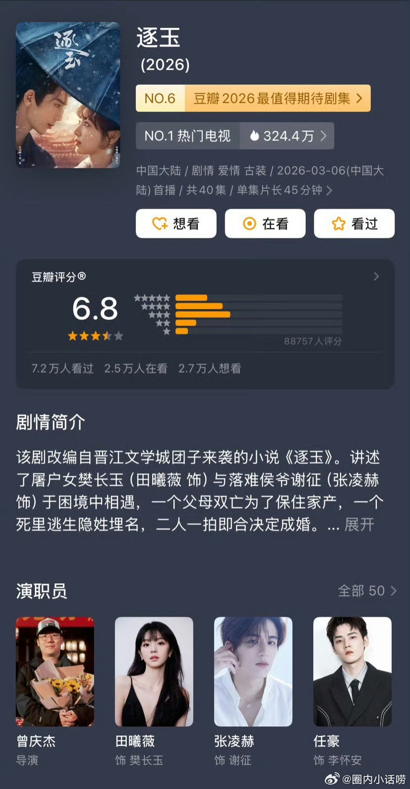 这个逐玉，天天在吹多爆。一看豆瓣评分6.8，只有7万多人看过8万人打分。之前一些