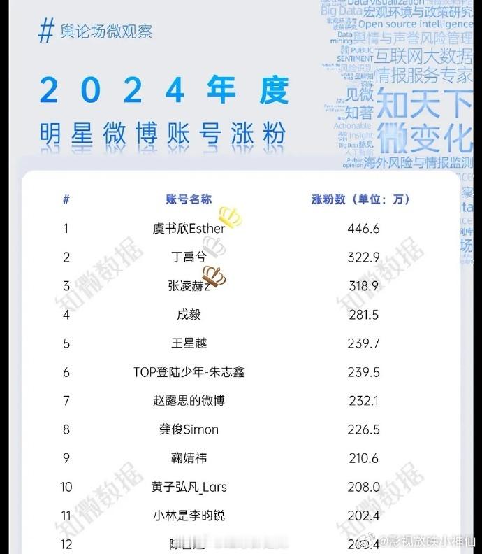 虞书欣凭借自身魅力与努力，在2024微博涨粉中斩获断层第一的佳绩。她是舞台上的焦