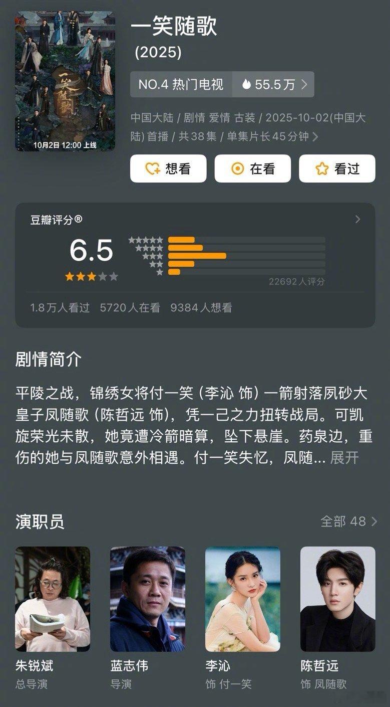 李沁、陈哲远《一笑随歌》豆瓣评分6.5王影璐、李昀锐《宴遇永安》豆瓣评分5.9在