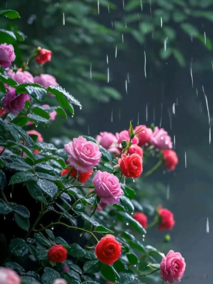 上联：花逢细雨添娇色，
下联：叶遇清风展傲姿。
横批：雨中赏花