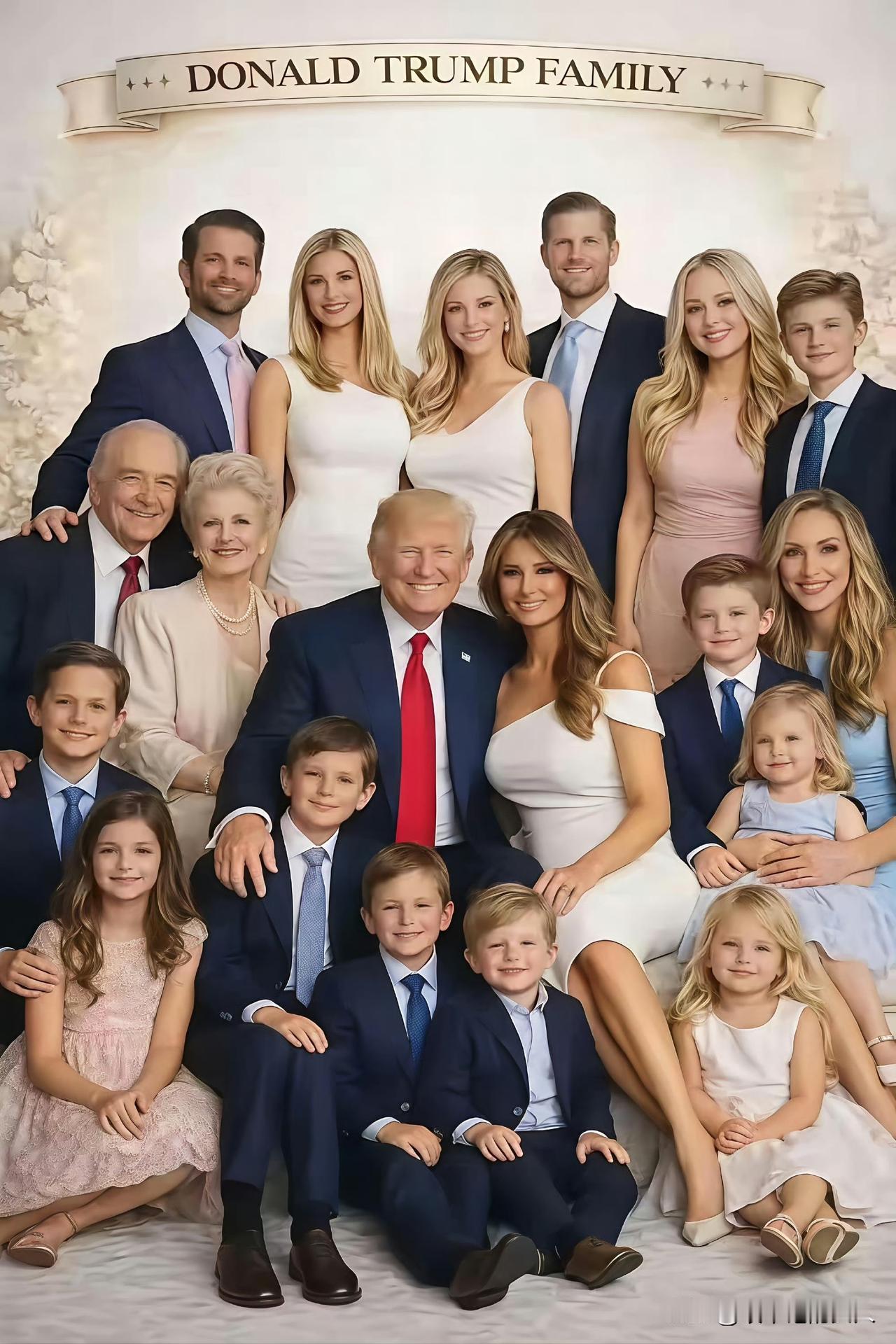 夜深了，分享图片。
特朗普全家福。
网友:特朗普忙着做生意是对的？[比心][捂脸