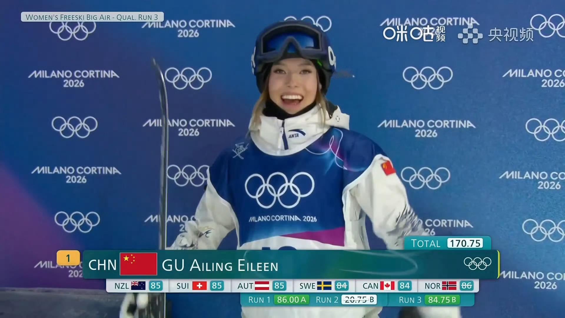 谷爱凌大跳台晋级决赛 米兰冬奥会自由式滑雪女子大跳台预赛，🇨🇳谷爱凌第一跳8