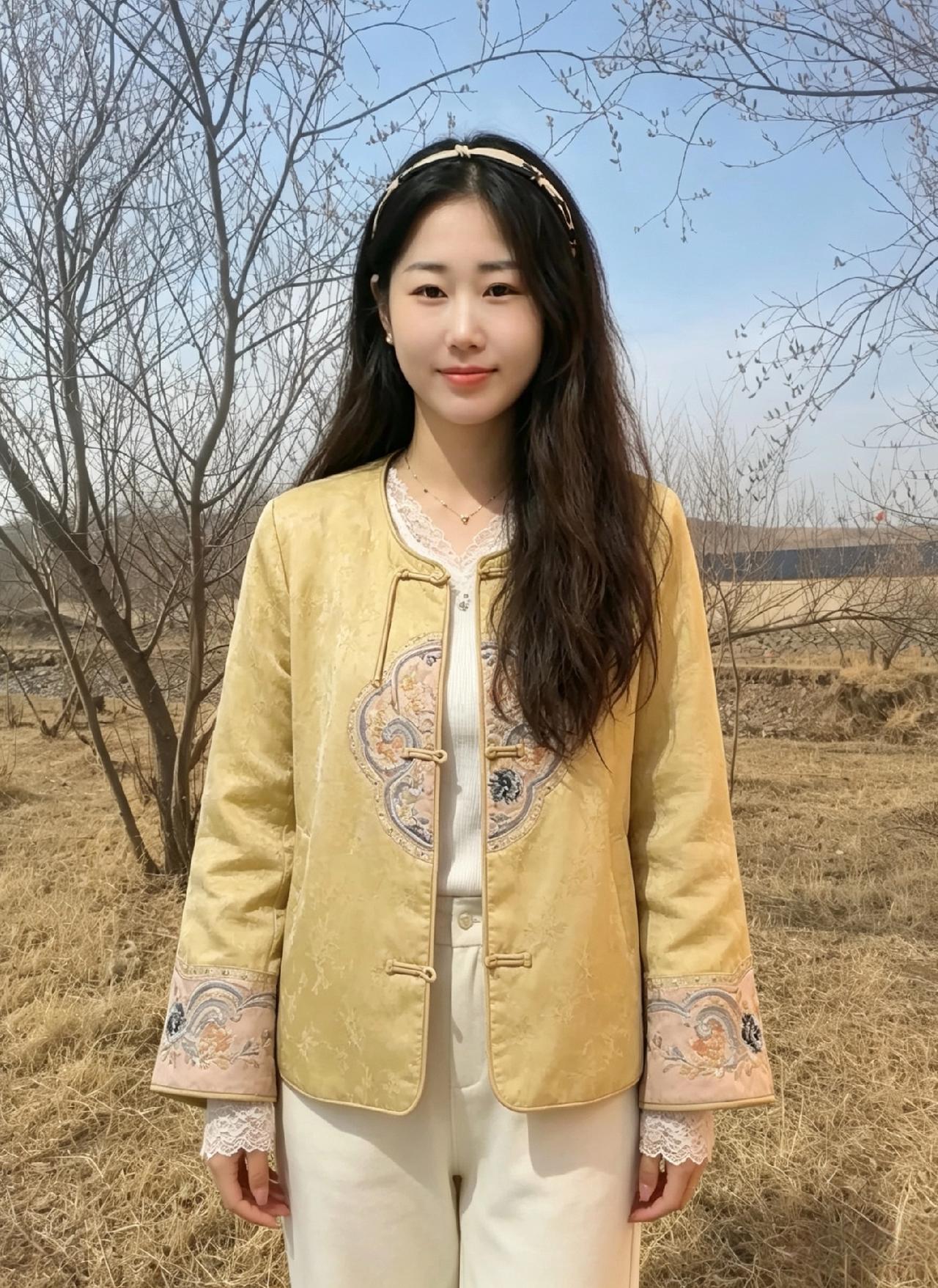 晴野长空万里悠，伊人独立自温柔。
盘扣暗凝东方韵，刺绣轻描雅致流。
浅笑安然融万