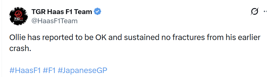 哈斯车队：贝尔曼身体状况良好，没有骨折！F12026F1日本大奖赛