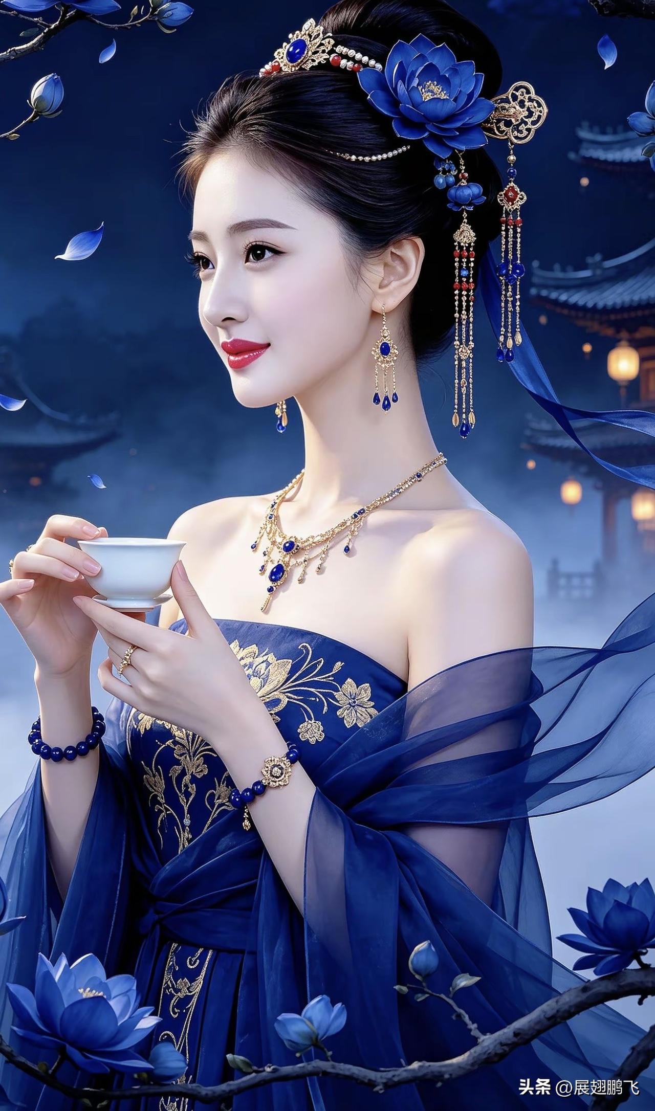 “古风美人，蓝衣飘逸，茶香四溢”🌸🍵💙古典国风美人 清雅仙气美女 高颜值古