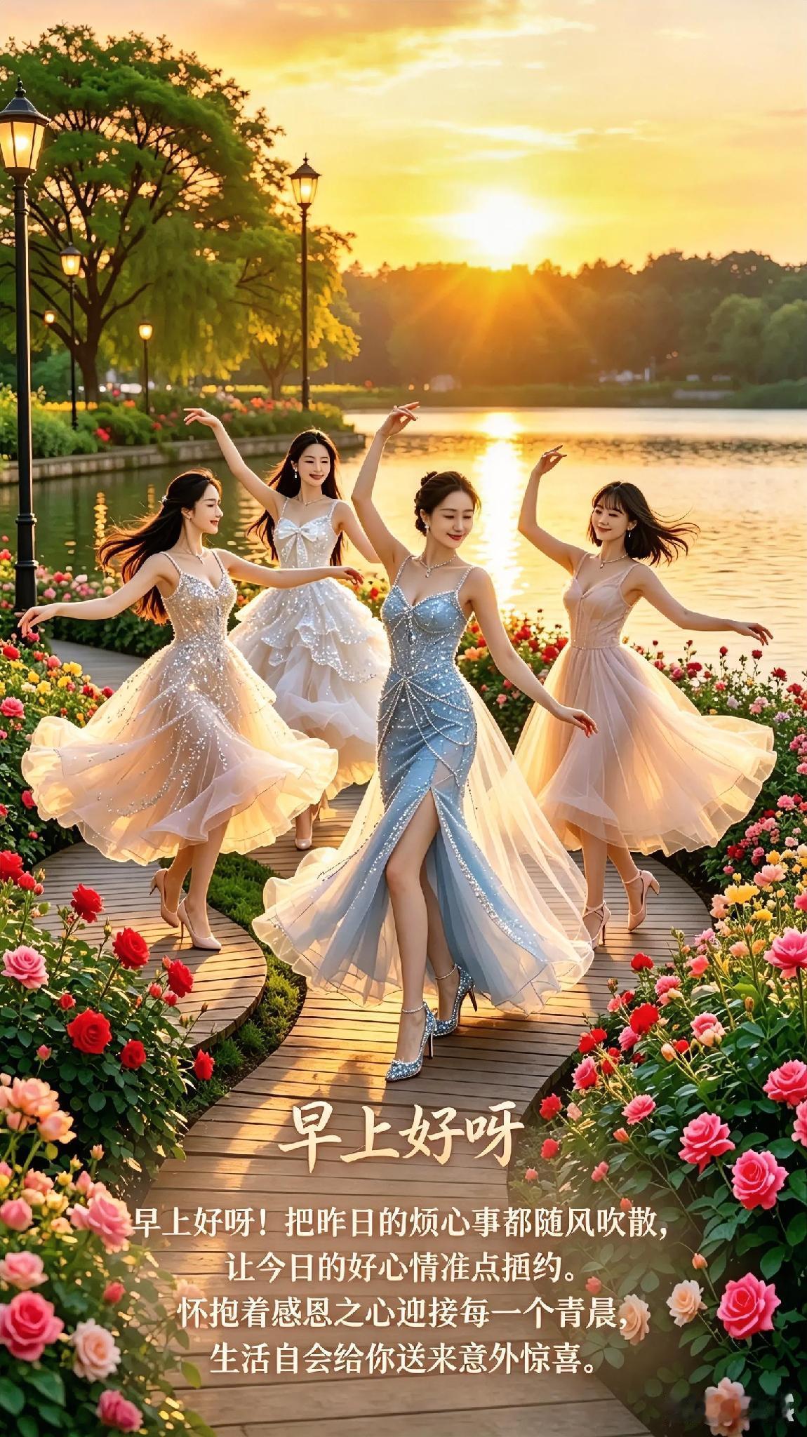早上好！
睁眼就笑、年龄忘掉，
一日三餐、清淡为妙，
身体安康、放在首要，
心态