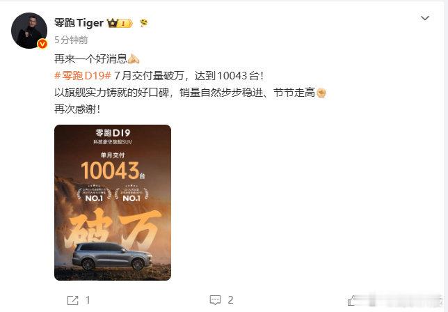 零跑D19七月交付量破万8月1日，零跑高管发文称：零跑D19七月交付量破万，达到