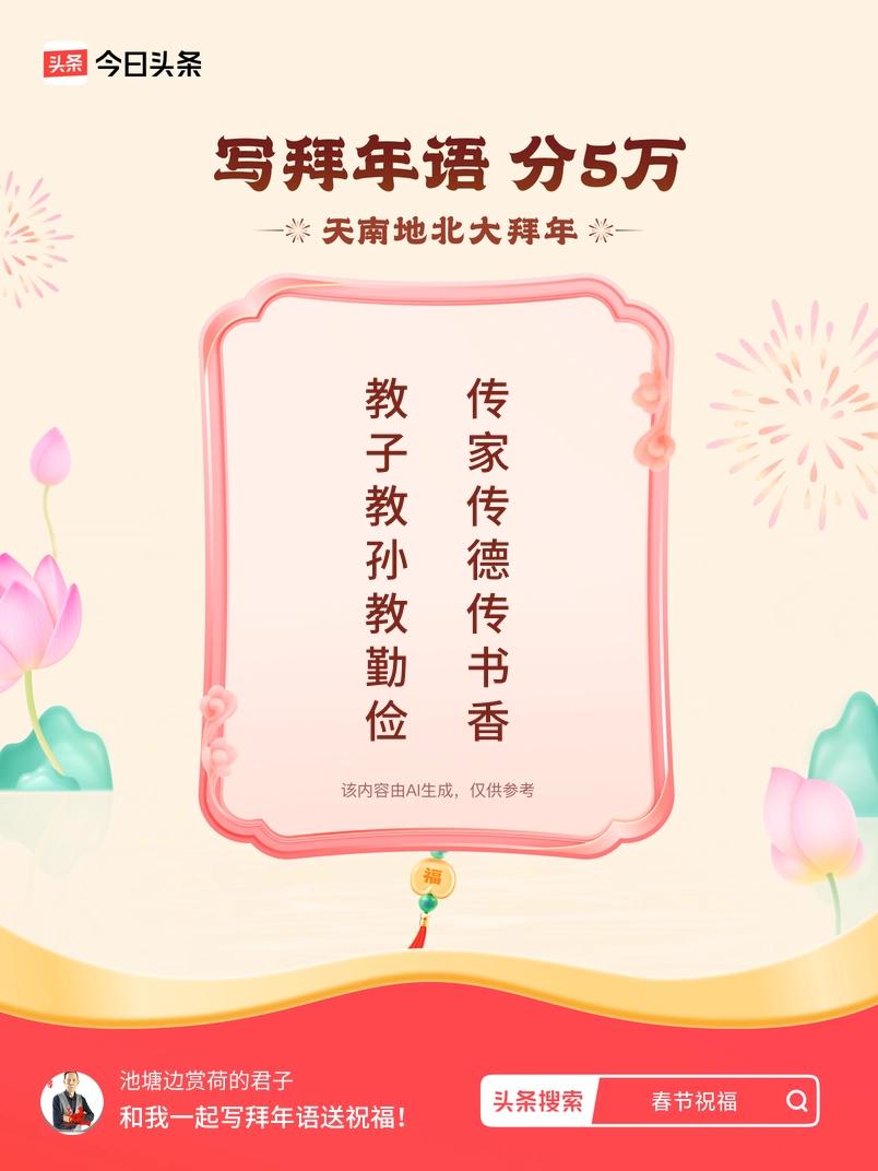 写拜年语送祝福新春拜年送祝福！我的祝福是：“教子教孙教勤俭，传家传德传书香”！快