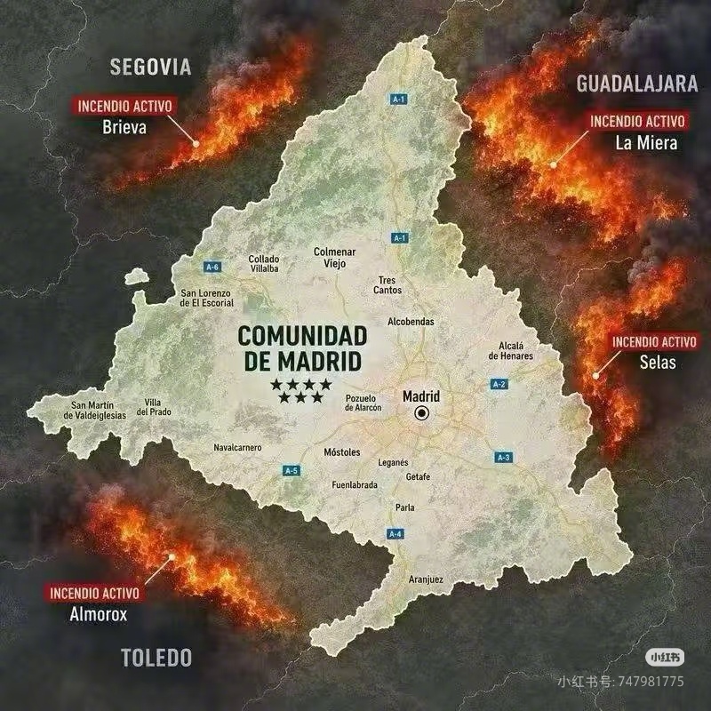 这个地图比较直观，西班牙山火现在非常非常非常严重，因为西班牙山火已经包围马德里了