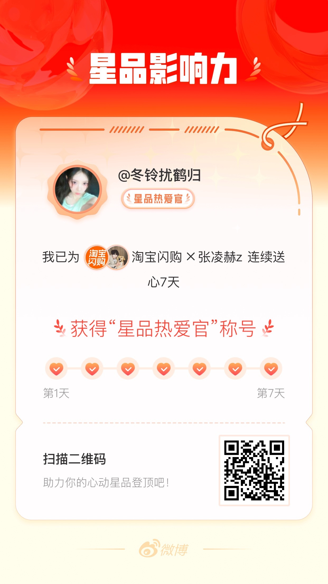 我在星品影响力上为 X 连续送心7天，获得“星品热爱官”称号！快来一起pick你