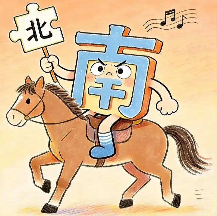 “南”字骑马，“北”字举旗，音乐响起。这个组合很搞笑，非常有意思。开心快乐猜词语