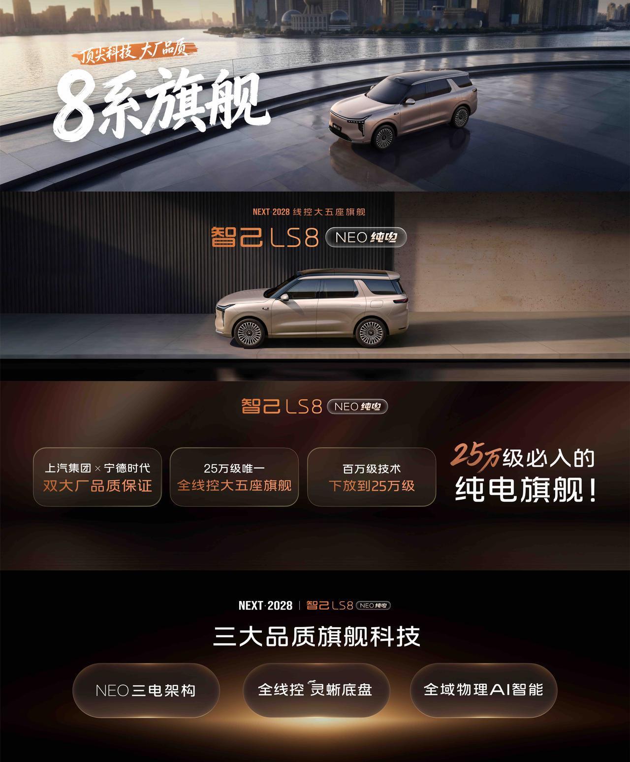 智己LS8 NEO纯电版正式开启预售，预售权益价24.98万元起。新车搭载全域8