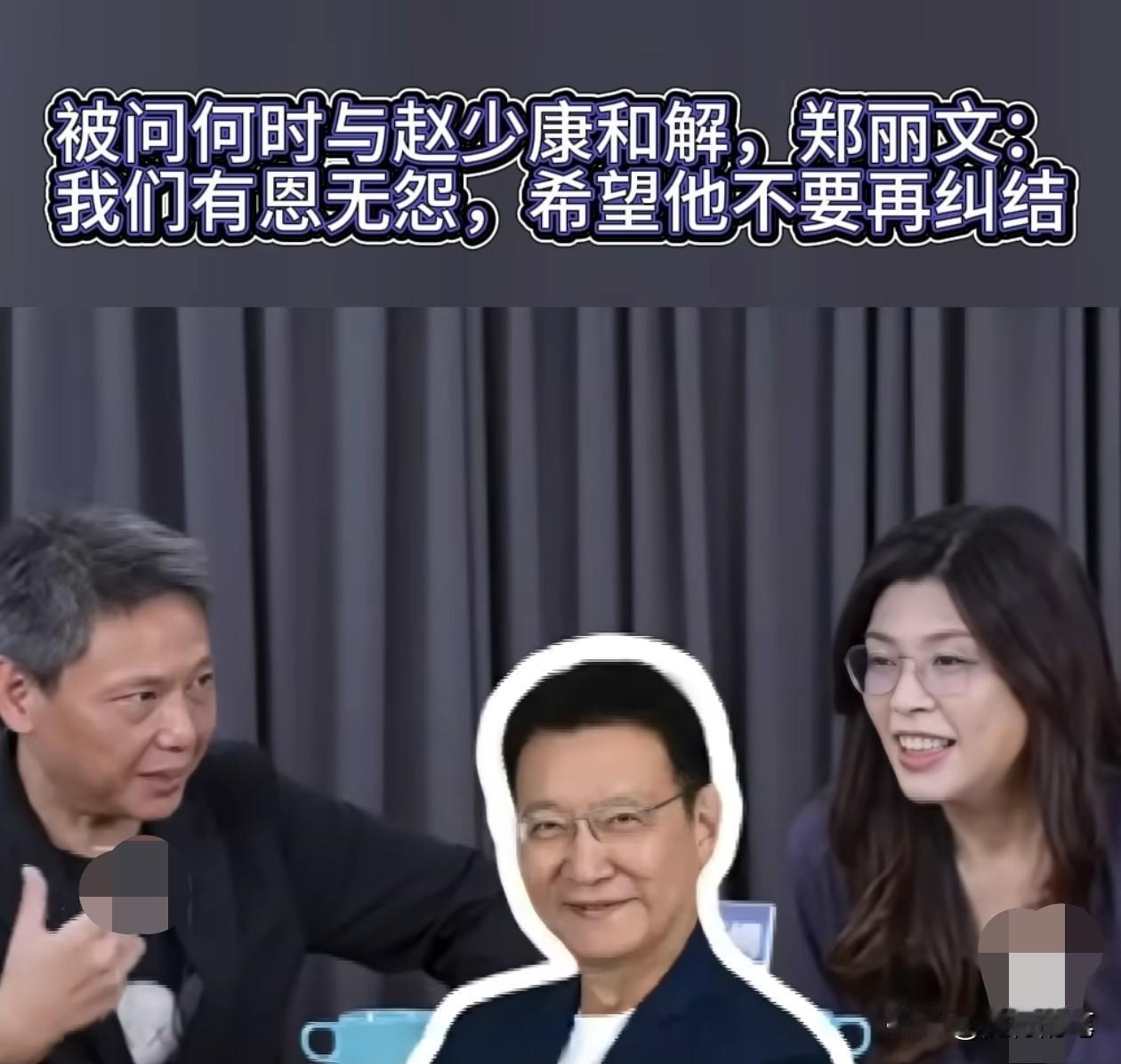 郑丽文劝赵少康不要再纠结。

郑丽文近日接受谢寒冰采访，被问到与赵少康的关系。