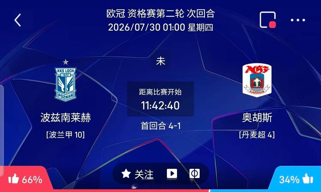 【足球】周三002欧冠方向：波兹莱赫vs奥胡斯欧冠 波兹莱赫 VS 奥胡斯比赛时