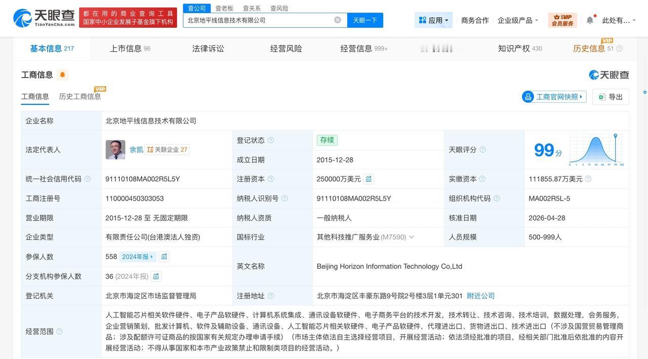 地平线信息技术公司增资至25亿美元 增幅约67%

天眼查App显示，近日，北京
